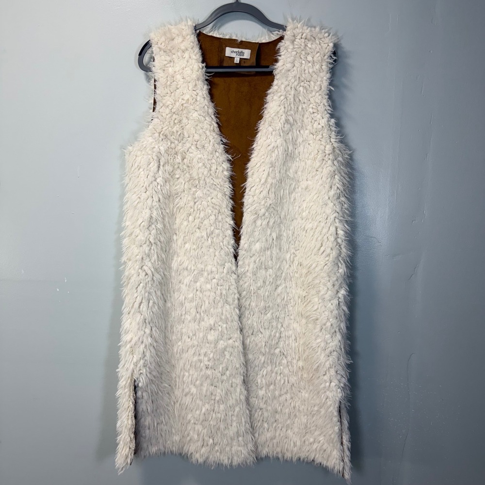 Charlotte Russe Y2K White Faux Fur Long Vest Brown Faux Suede Lining Large 7540